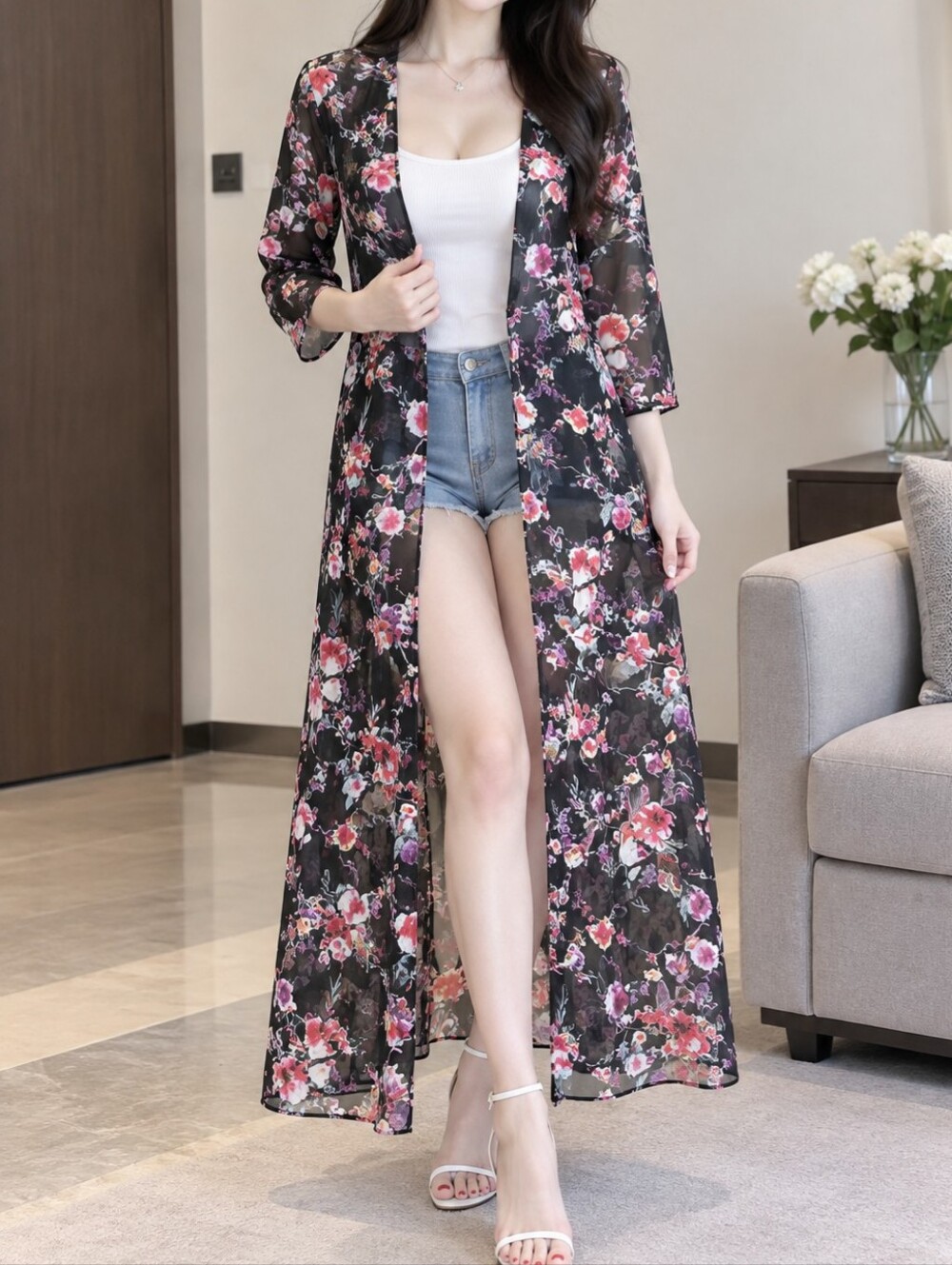 Sheer Black Floral Maxi Kimono Dress with Pink Accents